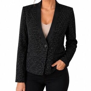 LOFT‎ Chic Charcoal Leopard Print Blazer | Satin Lapel Career Jacket Womens 10P